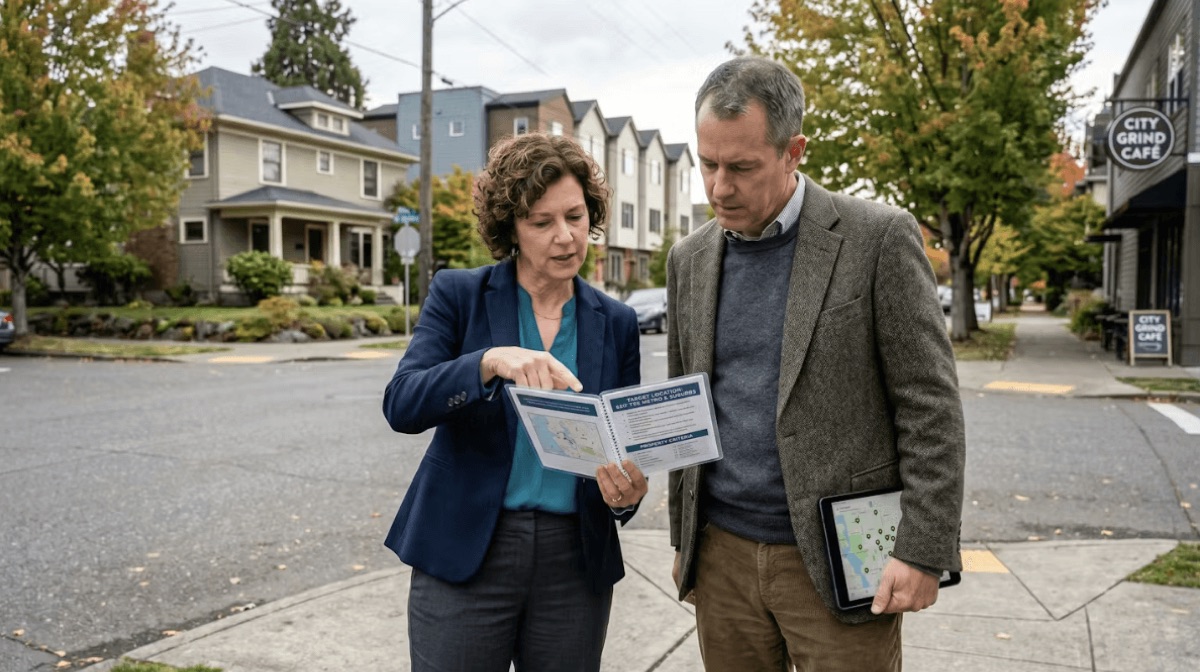 Two people reviewing documents on a residential street